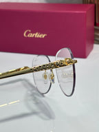 Cartier sunglasses close-up: gold-tone temple detail with clear lenses