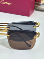 Cartier glasses close-up with gold-tone rims and layered dark-tinted lenses
