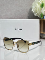 Celine sunglasses, light tortoise frame, dark lenses with gold-tone accents