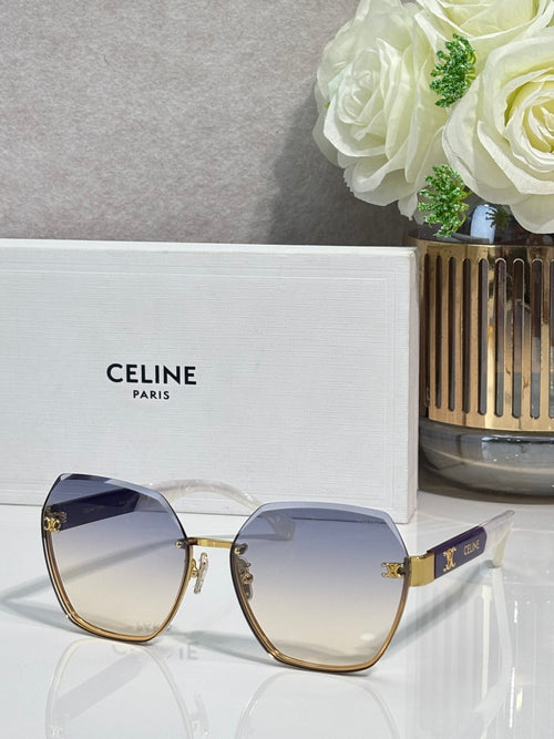 Celine sunglasses with blue-tinted lenses and gold-tone frame, rounded square