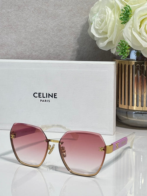 Celine sunglasses with rose-tinted lenses and gold-tone frame, rounded square