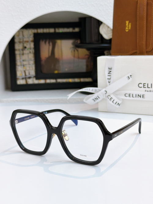 Black square eyeglass frames with gold hinge detail, clear lenses.