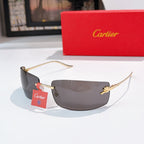 Cartier sunglasses with gold frame and dark gray tinted lenses, side view