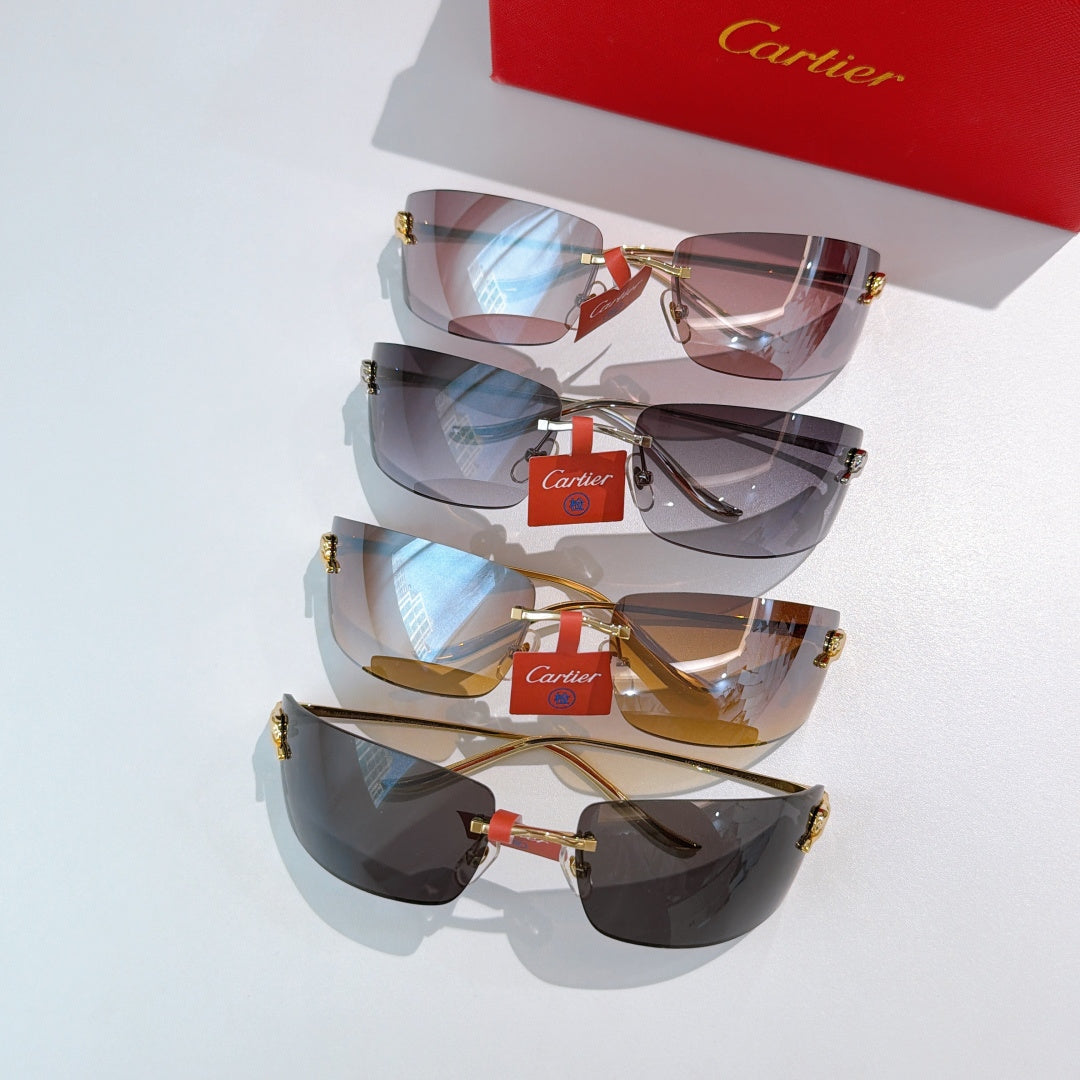 Cartier sunglasses set with multiple tinted lenses and gold frames, stacked views