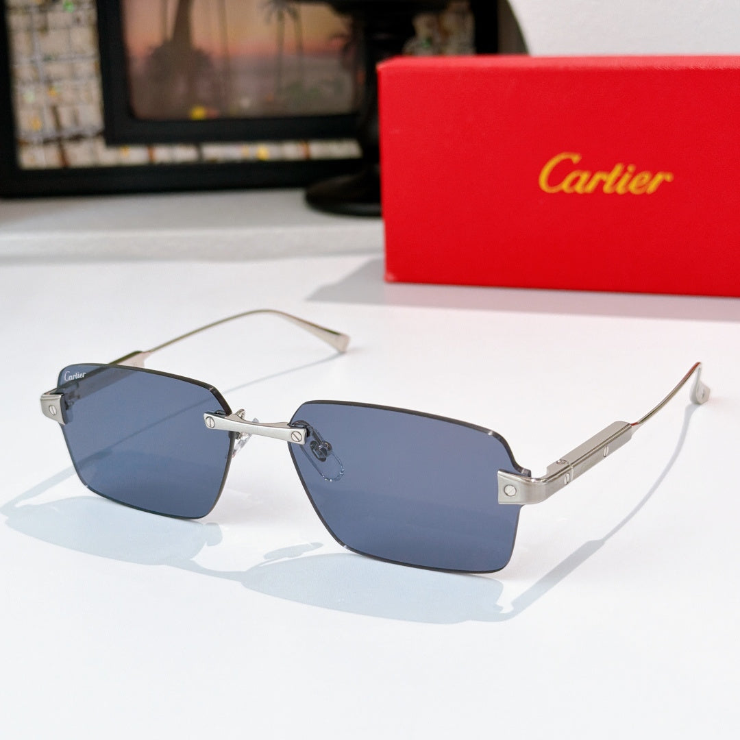 Rectangular sunglasses with blue tinted lenses, silver frame, and gold accents.