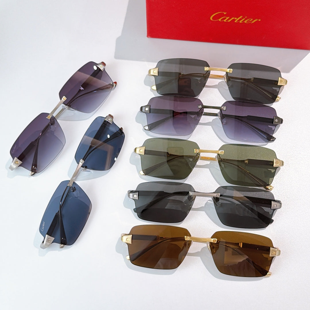 Assorted rectangular sunglasses with mixed lens colors and metal frames on display.