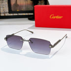 Rectangular sunglasses with dark purple lenses and silver frame with gold details.