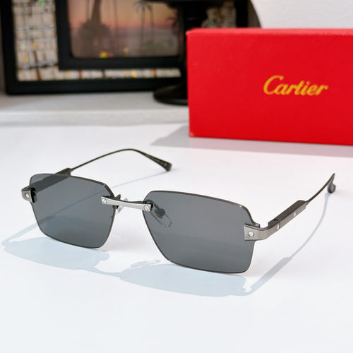 Rectangular sunglasses with dark gray lenses, silver frame, and gold hinge details.