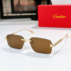 Rectangular sunglasses with brown tinted lenses and gold metal frame.
