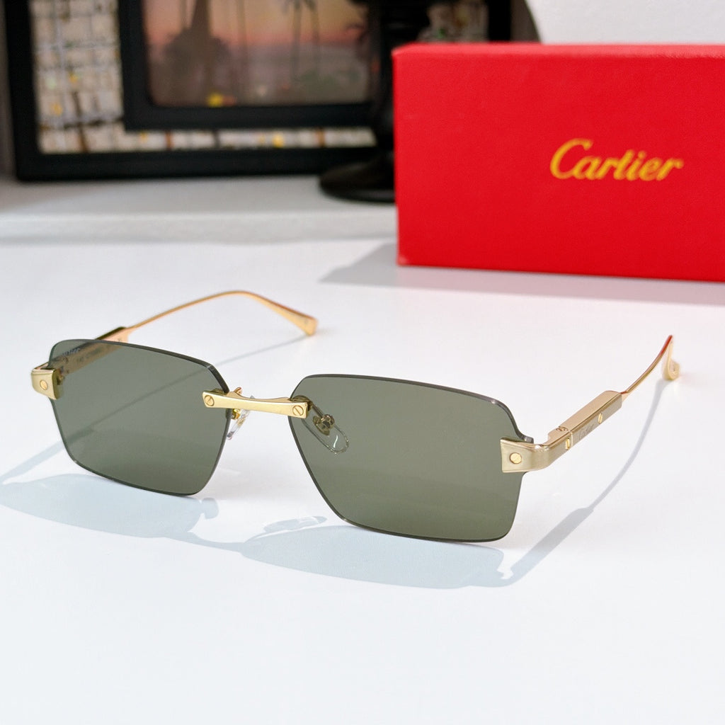 Rectangular sunglasses with olive green lenses and gold metal frame.