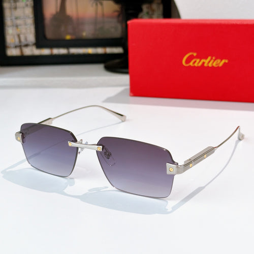 Rectangular sunglasses with dark purple lenses, silver frame, and gold accents.
