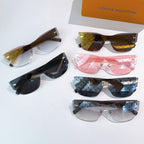 Louis Vuitton sunglasses assortment with monogram frames in gold, pink, navy, and black colorways.
