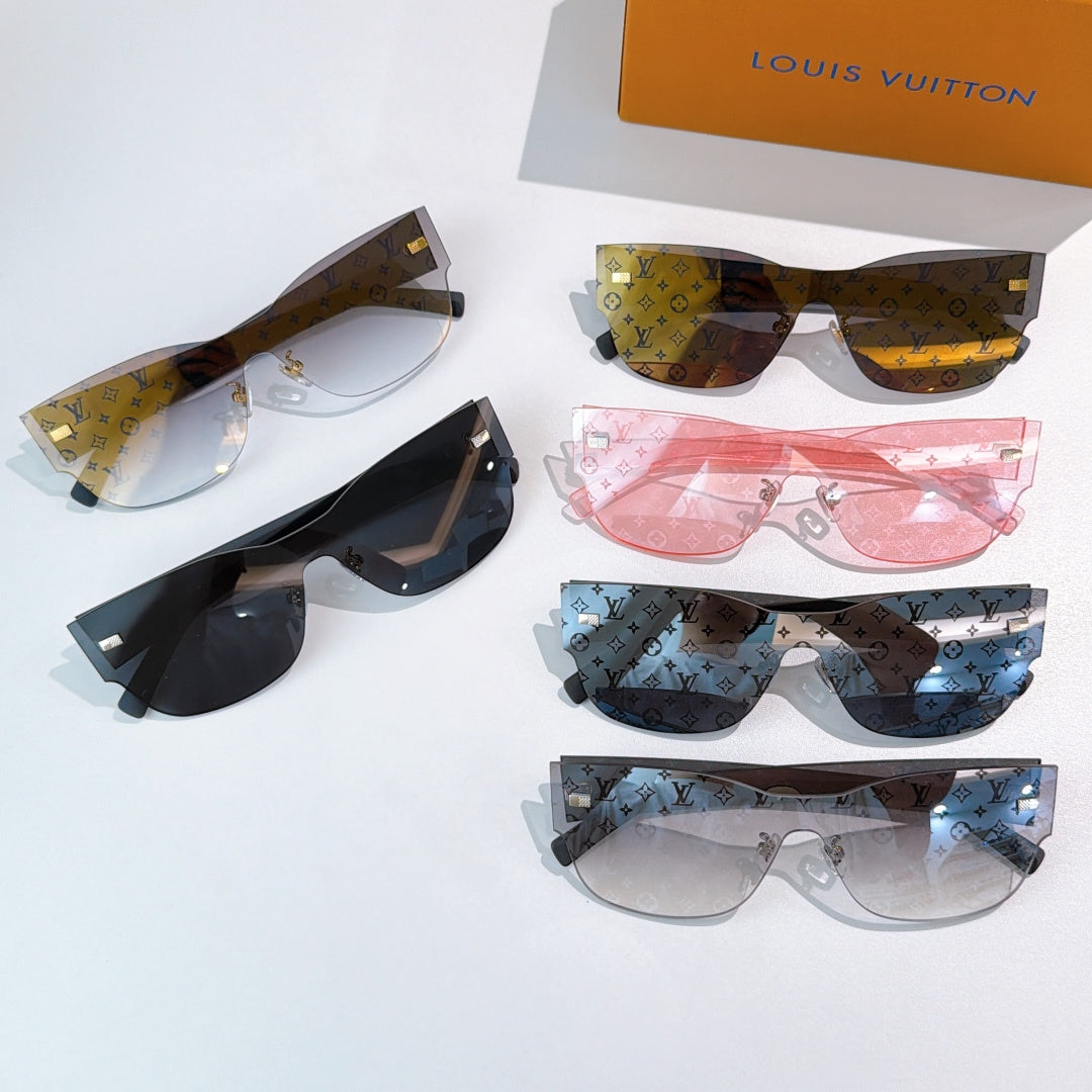 Louis Vuitton sunglasses assortment with monogram frames in gold, pink, navy, and black colorways.