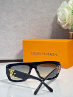 Dark navy square sunglasses with tinted lenses and gold LV logo on temples
