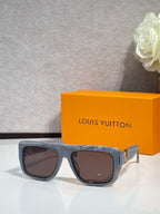 Dark gray square sunglasses with tinted lenses and gold-tone hinge detail