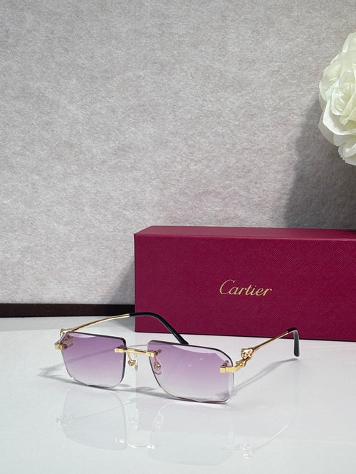 Gold-tone rectangular eyeglasses with purple-tinted lenses and dark temples