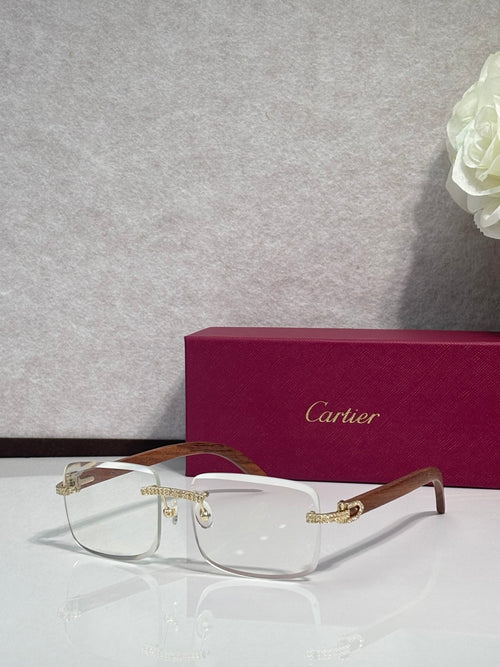 Gold-tone eyeglasses with clear front, light lenses, and wood-style temples