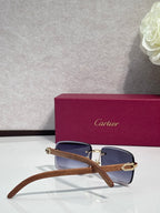 Blue-lensed eyeglasses with gold-tone metal frame and wood-style temple arms