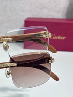 Gold-tone eyeglasses with brown lenses and clear frame, shown from side