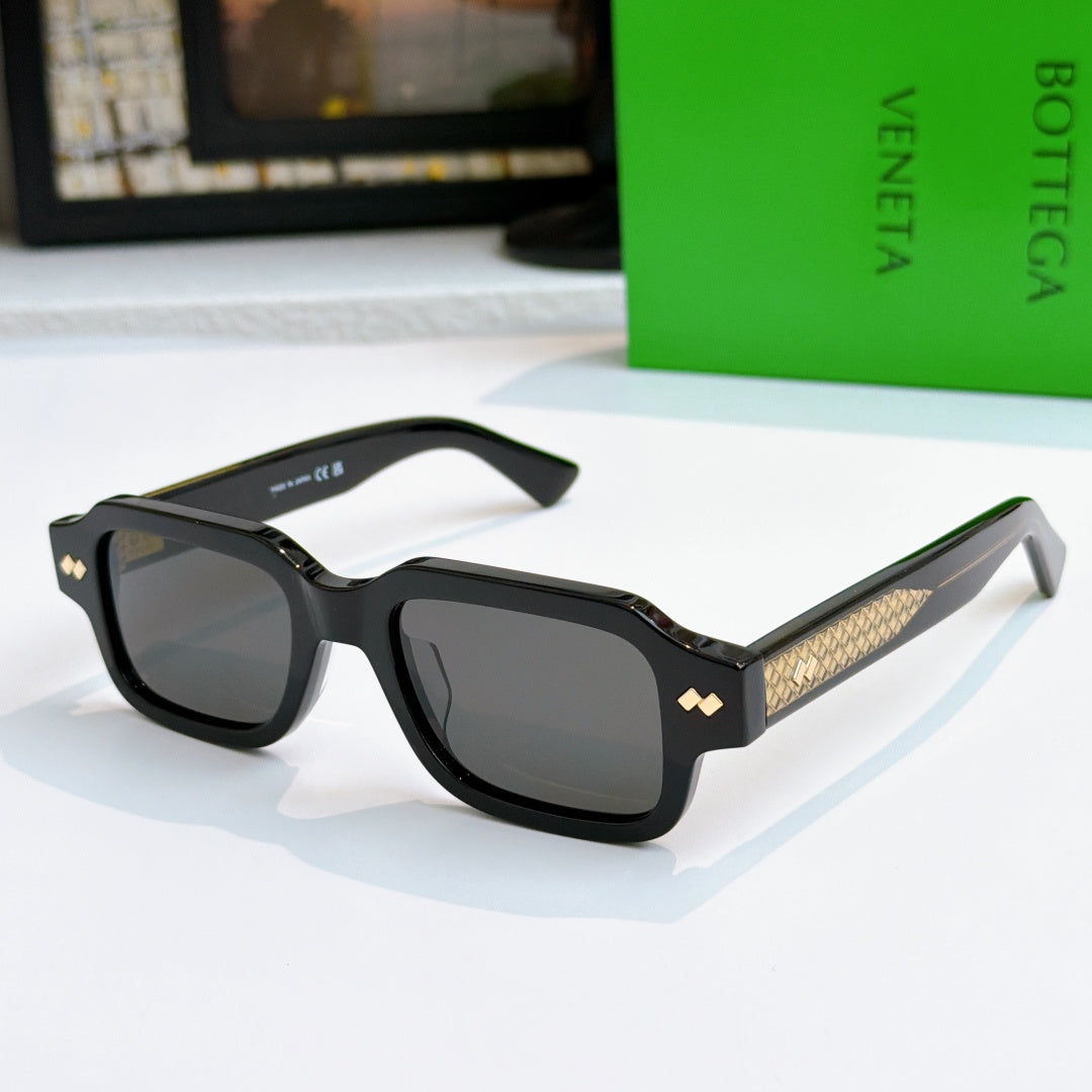 Bottega Veneta sunglasses, black square frames with textured gold temples