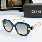 Chanel sunglasses with blue frames and blue-tinted lenses
