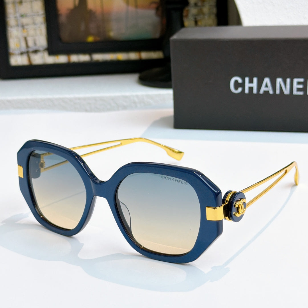 Chanel sunglasses with blue frames and blue-tinted lenses