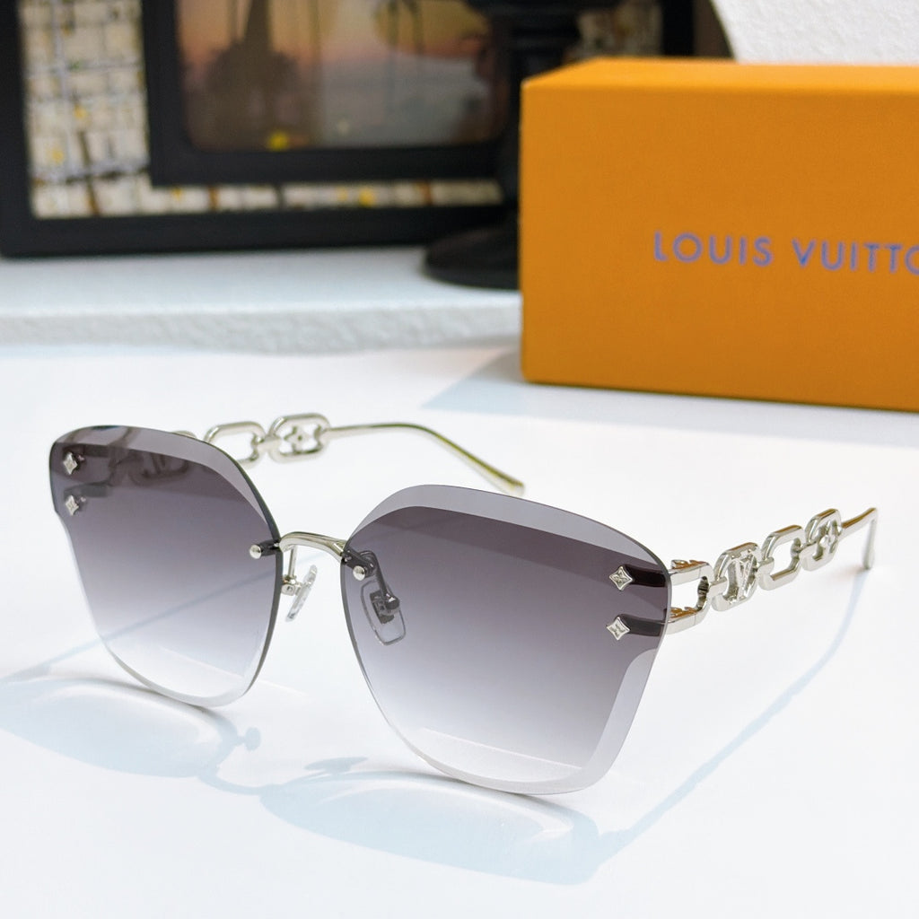 Louis Vuitton cat-eye sunglasses with silver frame and dark gray gradient lenses