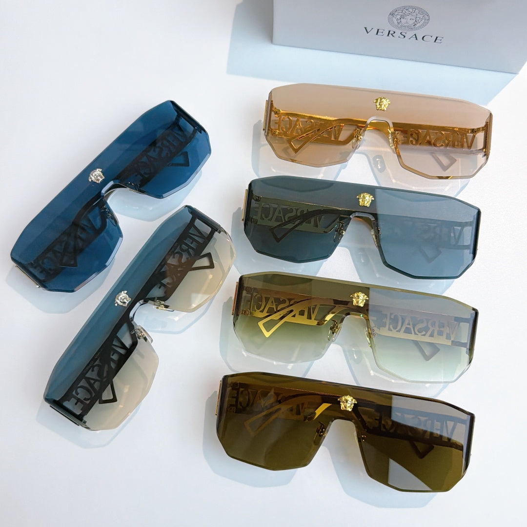 Assorted Versace sunglasses set with blue and gold frames and mirrored lenses
