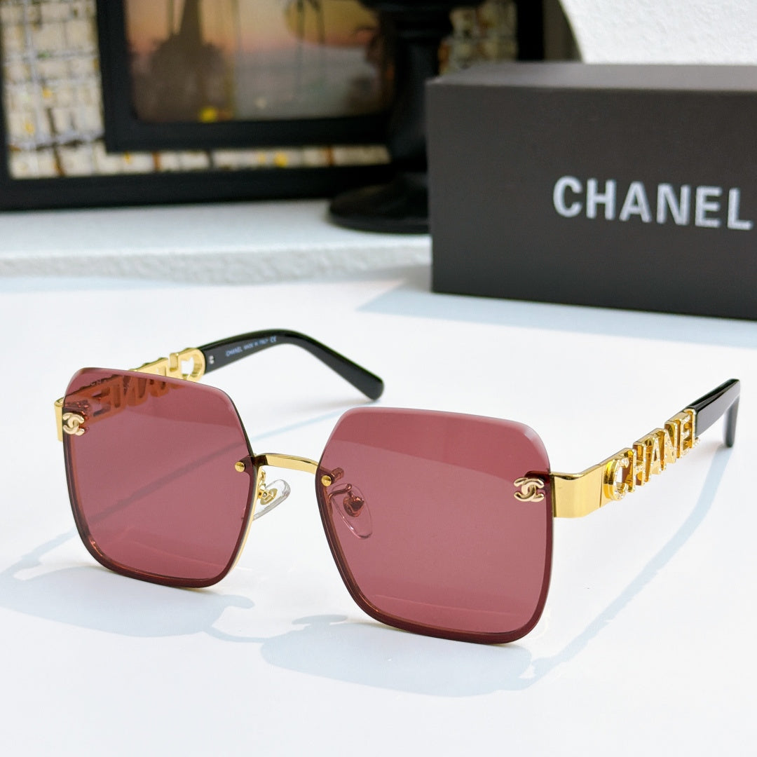 Chanel square sunglasses with gold frame and rose tinted lenses