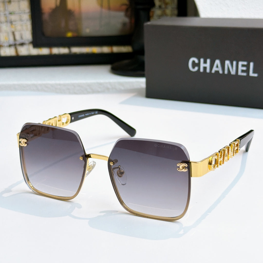 Chanel square sunglasses with gold frame and purple tinted lenses