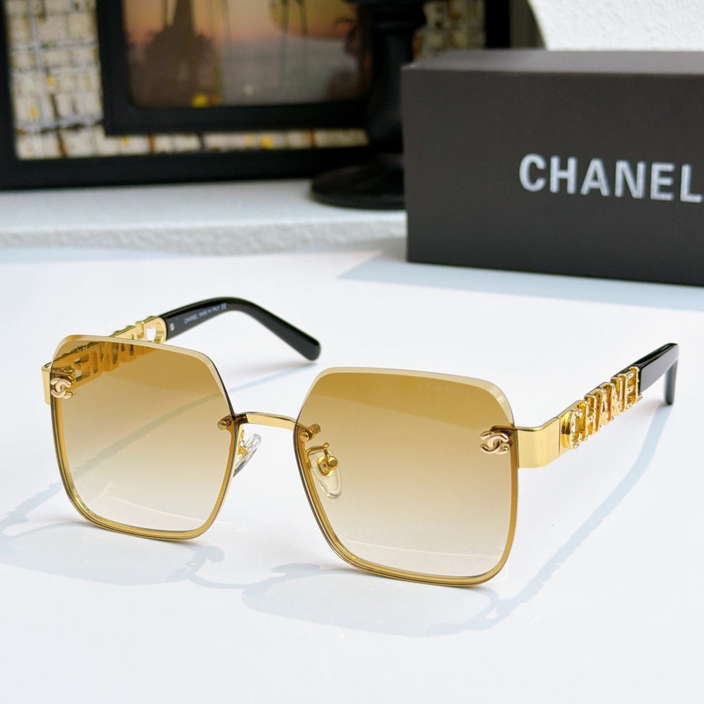 Chanel square sunglasses with gold frame and light amber tinted lenses