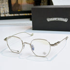 Round eyeglasses with silver frame, blue-tinted lenses, and etched temple arms