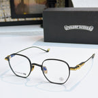 Round eyeglasses with black frame, blue lenses, and gold temple details