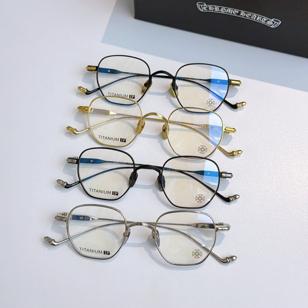 Assorted round eyeglasses with blue-tinted lenses in black, gold, and clear frames