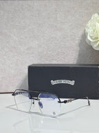 Chrome eyeglasses with dark blue frame front and clear lenses