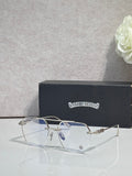 Chrome eyeglasses with clear lenses and blue temple accents