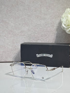 Chrome eyeglasses with clear lenses and blue temple accents