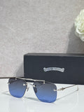 Chrome glasses with blue-tinted lenses and silver metal frame, side view