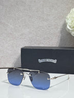Chrome glasses with blue-tinted lenses and silver metal frame, side view