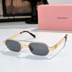 Gold-rim sunglasses with dark blue tinted lenses and tortoise temple tips