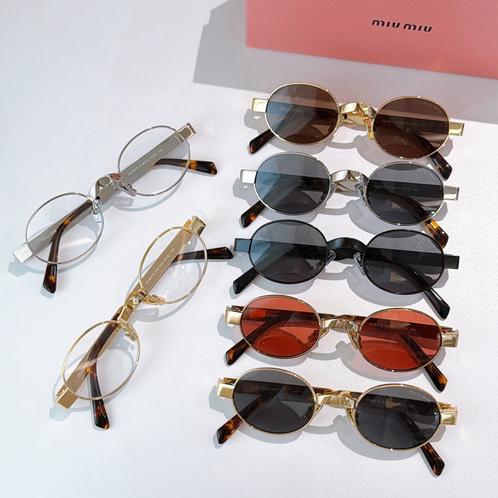 Assorted MiuMiu round sunglasses and eyeglasses with mixed metal frames and tinted lenses