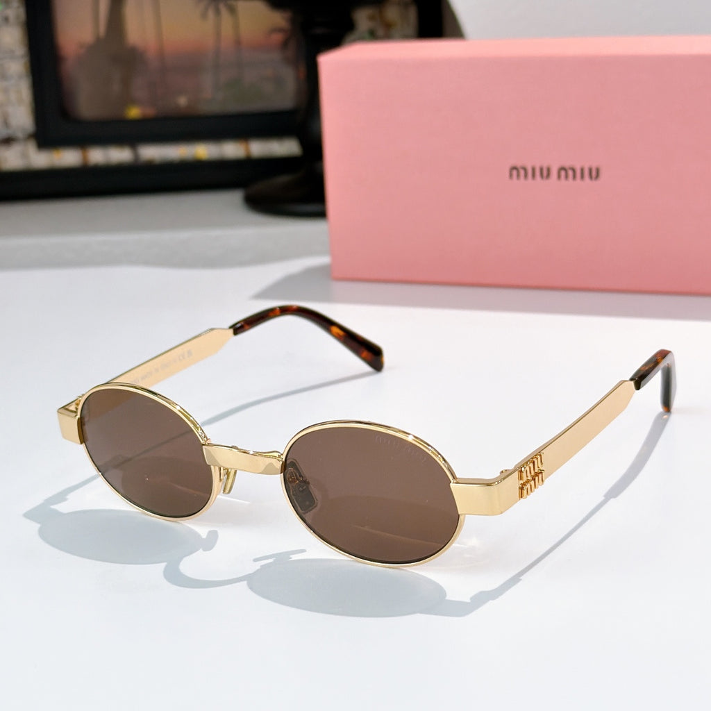 MiuMiu round sunglasses with gold frames and brown lenses