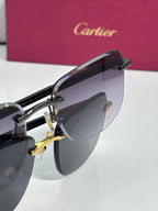 Cartier sunglasses side view with purple-tinted lenses and gold-tone metalwork