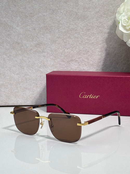 Cartier square sunglasses with dark brown lenses, black frame, and gold-tone accents