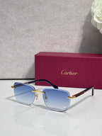 Cartier square sunglasses with light blue lenses, dark frame, and gold-tone temple details