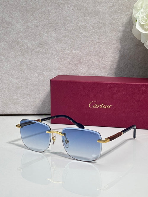 Cartier square sunglasses with light blue lenses, dark frame, and gold-tone temple details