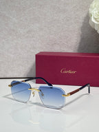 Cartier eyeglasses with dark frames and blue-tinted lenses, gold-tone hinge details