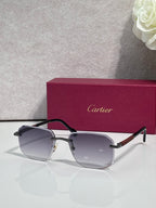 Cartier eyeglasses with dark frames and gray-tinted lenses, gold-tone arms and hinges