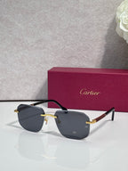 Cartier eyeglasses with dark frames and dark gray lenses, gold-tone bridge accents