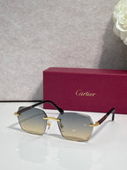 Cartier sunglasses with amber-tinted lenses, dark frame, and gold metal accents.